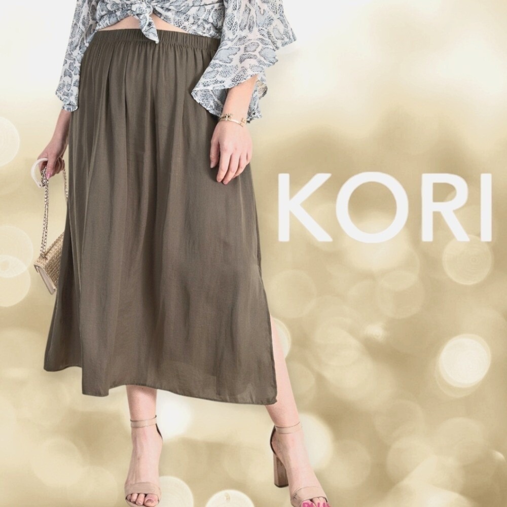 Kori Plus Heather Satin A-Line Elastic Waist Side Slit Skirt Olive Green 1XL NEW
